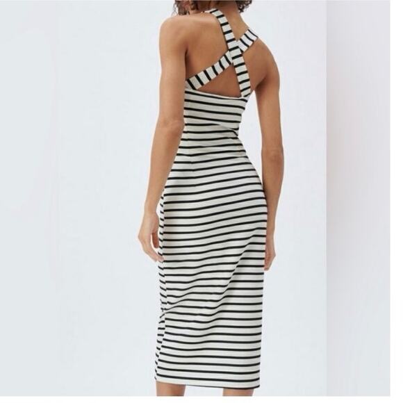 Zara Midi Dress L Striped Fitted Cross Back Straps Black White Scoop Neck - Picture 1 of 15